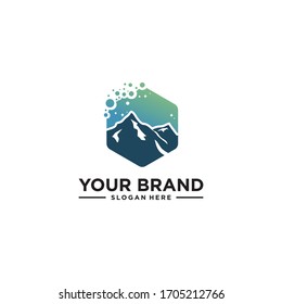 logo for the cleaning services with the concept of foam and water symbols as well as hygiene sprays and mountains as a fresh natural symbol