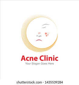 Logo Clinic Acne skin care. Face woman beautiful, magnifier, examining. Beauty care treatment Can be used for salon, skincare, cosmetology, dermatology. Simple template and easy to use.