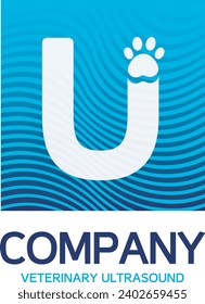 Logo Clinic Company Vet Veterinary Medicine Ultrasound Pet Animal Dog Cat Design Square Waves Paw Blue U Monogram