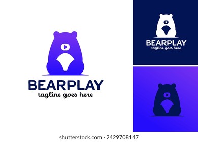 logo of Closeup photo of a bears head with play button as nose on white background. Suitable for wildlife articles, educational materials, and nature-themed designs.