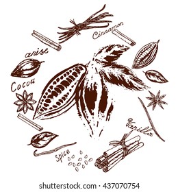 logo cocoa and spices in a retro style, stars of anise, seeds of anise, vanilla pods, cinnamon sticks, cocoa beans, cocoa leaves, cocoa inscriptions, anise, vanilla, cinnamon