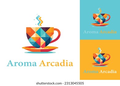 A logo of a cofee cup in a geometric design, filled with vibrant colors