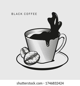 Logo coffee bean and a cup of americano template retro hand drawn style 