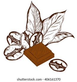 logo coffee beans, coffee leaves, a piece of chocolate, a slice of chocolate, chocolate, coffee retro styles of hand-drawn