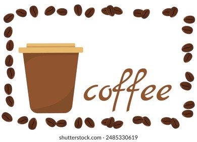 Logo Coffee and Cafe concept frame with coffee beans banner. Coffee paper craft cup poster