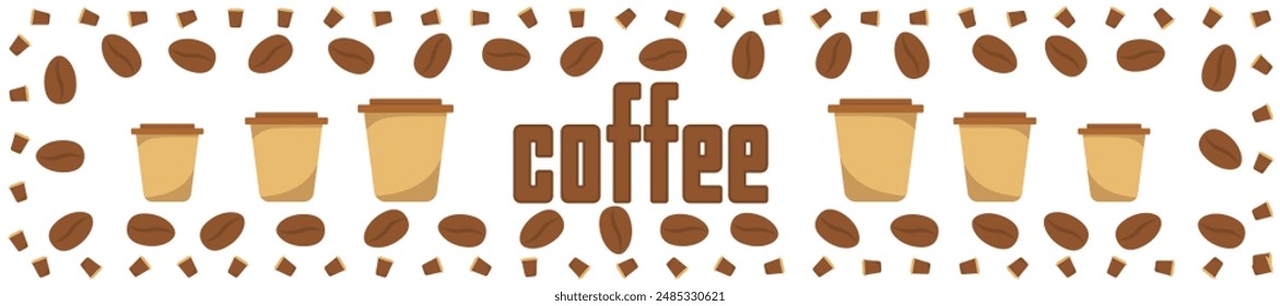Logo Coffee and Cafe concept frame with coffee beans banner. Coffee paper craft cup poster