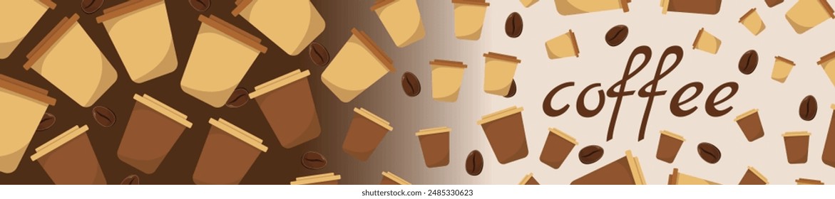 Logo Coffee and Cafe concept frame with coffee beans banner. Coffee paper craft cup poster