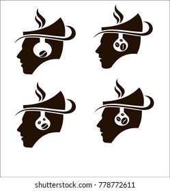 Logo for a coffee cafe. Man in a hat. A bulb with coffee in the head. Profile of a man with coffee beans inside the head.
