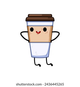 dibujo animado del personaje de la taza de café del logotipo. bebida de cerveza, mascota vintage, etiqueta engomada del desayuno logo símbolo de la taza de café. símbolo aislado ilustración vectorial