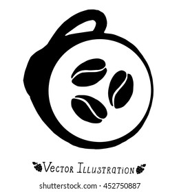 Logo for coffee. Illustration with cap and coffee beans. The original logo for cafe, coffee. Isolated vector illustration. Black and white graphics.