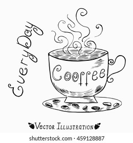 Logo for coffee. Image of cap and coffee beans. The original logo for cafe, coffee. Isolated vector illustration. Black and white graphics.