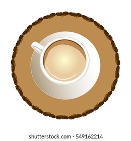 Logo coffee mug on a brown background of the circle. Logo in the ornament of the coffee beans. Top view of a mug. Hand drawing coffee cup. Vector illustration of drinking coffee.