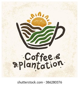 Logo coffee plantations. The image of a coffee cup, coffee landscape of fields and the sun.