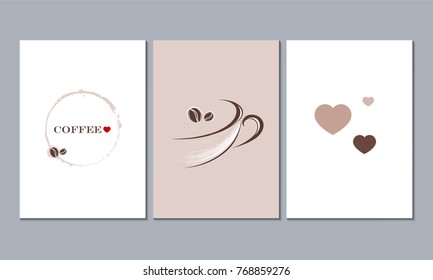 Logo for coffee, coffee shop. An abstract element for the design of cafes, menus. restaurant. A set of 3 canvases for wall decoration in the  kitchen. Home decor.