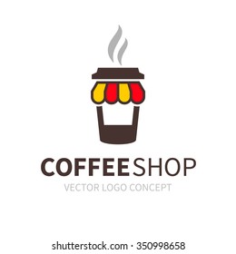 Logo of coffee shop. Kiosk in form of coffee cup