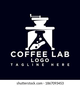 Logo For Coffee Shop Or Coffee Maker, With The Concept Of A Laboratory Bottle In The Negative Space Of A Manual Coffee Grinder