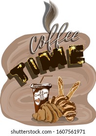Logo for coffee shop with title coffee time, croissants and cup of coffee. Vector illustrtion. 