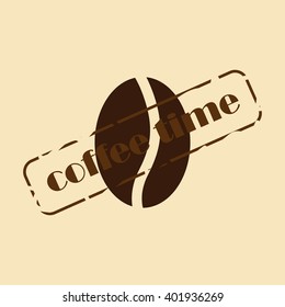 Logo coffee. Coffee time. Brown coffee beans with a scratched seal.