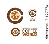 Logo Coffee World, coffee cup, world map coffee foam, corporate identity, illustration, vector 