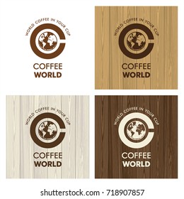 Logo Coffee World, coffee cup, world map coffee foam, corporate identity, on wooden background, illustration, vector 