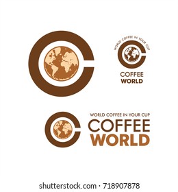 Logo Coffee World, coffee cup, world map coffee foam, corporate identity, illustration, vector 