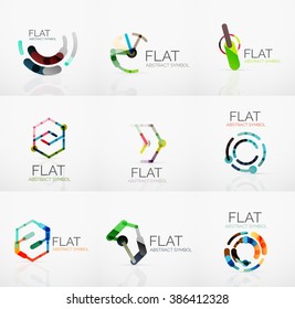 Logosammlung - abstraktes minimalistisches lineares Flachdesign. Geometrische Hightech-Symbole, mehrfarbige Segmente, Linien