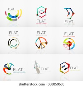 Logosammlung - abstraktes minimalistisches lineares Flachdesign. Geometrische Hightech-Symbole, mehrfarbige Segmente, Linien