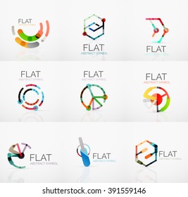 Logo collection - abstract minimalistic linear flat design. Business hi-tech geometric symbols, multicolored connected segments of lines. Vector illustration - connection concepts