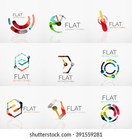 Colección de logotipos - diseño plano lineal minimalista abstracto. Símbolos geométricos empresariales de alta tecnología, segmentos multicolores conectados de líneas. Ilustración del vector - conceptos de conexión