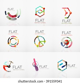 Colección de logotipos - diseño plano lineal minimalista abstracto. Símbolos geométricos empresariales de alta tecnología, segmentos multicolores conectados de líneas. Ilustración del vector - conceptos de conexión