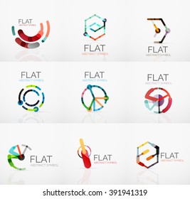 Logosammlung - abstraktes minimalistisches lineares Flachdesign. Hightech-Geometrische Symbole, mehrfarbige verbundene Segmente von Linien. Vektorgrafik - Verbindungskonzepte