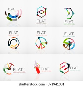 Colección de logotipos - diseño plano lineal minimalista abstracto. Símbolos geométricos empresariales de alta tecnología, segmentos multicolores conectados de líneas. Ilustración del vector - conceptos de conexión