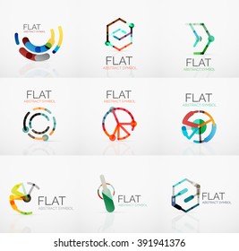 Logosammlung - abstraktes minimalistisches lineares Flachdesign. Hightech-Geometrische Symbole, mehrfarbige verbundene Segmente von Linien. Vektorgrafik - Verbindungskonzepte