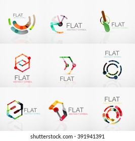 Colección de logotipos - diseño plano lineal minimalista abstracto. Símbolos geométricos empresariales de alta tecnología, segmentos multicolores conectados de líneas. Ilustración del vector - conceptos de conexión