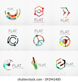 Colección de logotipos - diseño plano lineal minimalista abstracto. Símbolos geométricos empresariales de alta tecnología, segmentos multicolores conectados de líneas. Ilustración del vector - conceptos de conexión