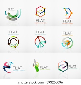 Colección de logotipos - diseño plano lineal minimalista abstracto. Símbolos geométricos empresariales de alta tecnología, segmentos multicolores conectados de líneas. Ilustración del vector - conceptos de conexión