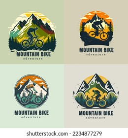 Logo collection of mountain bike mountains in the background. Bicycle, transport, downhill, free ride, extreme, sports design, logo label badge