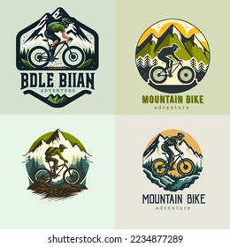 Logo collection of mountain bike mountains in the background. Bicycle, transport, downhill, free ride, extreme, sports design, logo label badge