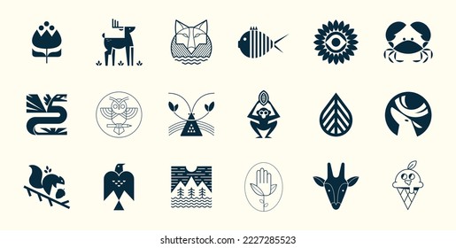 Logo collection. Nature and Animal logos. Isolated elements. Vintage badge design. Brand identity set. Black and White. Geometric animals. Minimal vector illustrations with ethnic influence. Emblems.