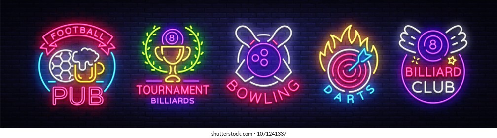 Logo collection in neon style. Set Neon Signs Football Pub, Billiards, Bowling, Darts. Nightlife, Neon signboard, banner Design elements, Bright advertising for your projects. Vector illustration