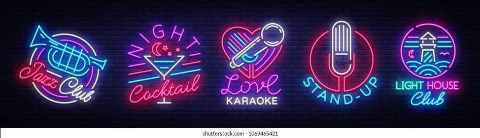 Logo Collection In Neon Style. Neon Signs Collection Jazz Club, Night Cocktail, Karaoke, Stand Up, Lighthouse Night Club. Nightlife, Neon Signboard, Bright Advertising. Vector Illustration
