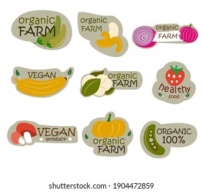 Logo collection on vegan and green farm products It is the shape of fruits such as bananas, oranges and vegetables.
