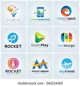 logo collection set creative idea smart marketing media studio rocket green play design infinity travel ticket template.