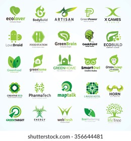 Logo collection set with green color scheme for ecology, food, restaurant, people, sports and fitness, web design, brain and creative, Pharmacy, technology. 