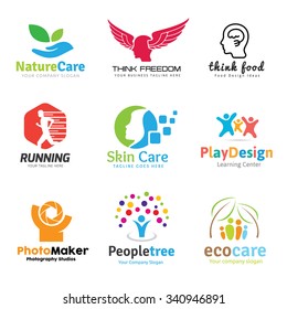 Logo Collection, Set Of People Idea Kids Photography Spa Yoga Healthy Beauty Eco Care School Brain Inspiration Education Vector Template.