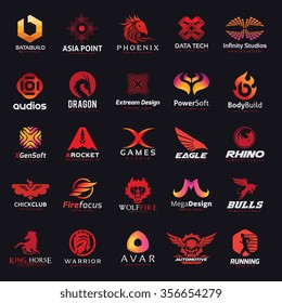 Logo collection set with red color scheme for animal symbols, Phoenix, Eagle, Wolf, Bulls, Horse, Automotive, Creative brand identity.