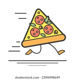 Logo in color fast delivery for food with a running triangular piece of appetizing pizza on legs. Flat style. Vector illustration.