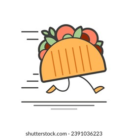 Logo in color fast delivery for food with running legged shawarma pita bread. Flat style. Vector illustration.