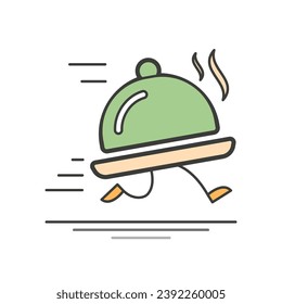 Logo in the color of fast delivery for food with a metal cap for covering dishes on legs. Flat style. Vector illustration.