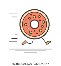 Logo in color fast delivery for a meal with a sweet donut in glaze and sprinkles on legs. Flat style. Vector illustration.